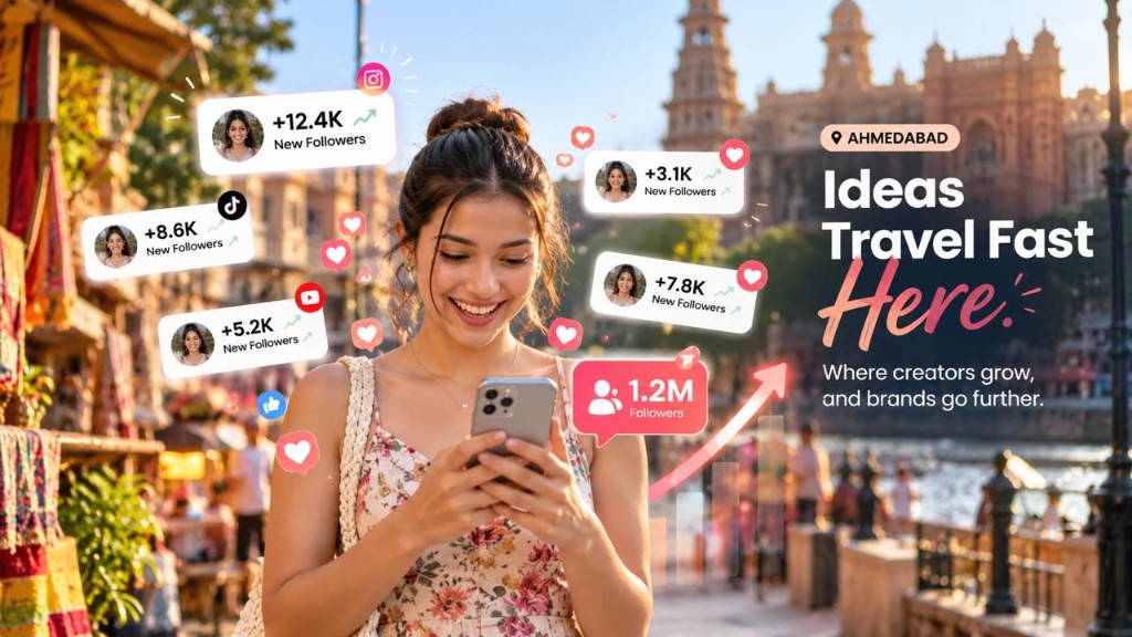 Ahmedabad creator smiling at her phone as follower counts rise around her in an old city market — Ideas Travel Fast Here.