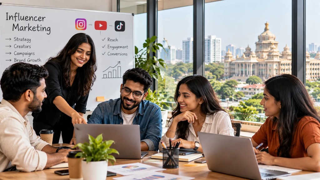 Bangalore marketing team planning an influencer strategy across Instagram, YouTube and TikTok with Vidhana Soudha in the background.
