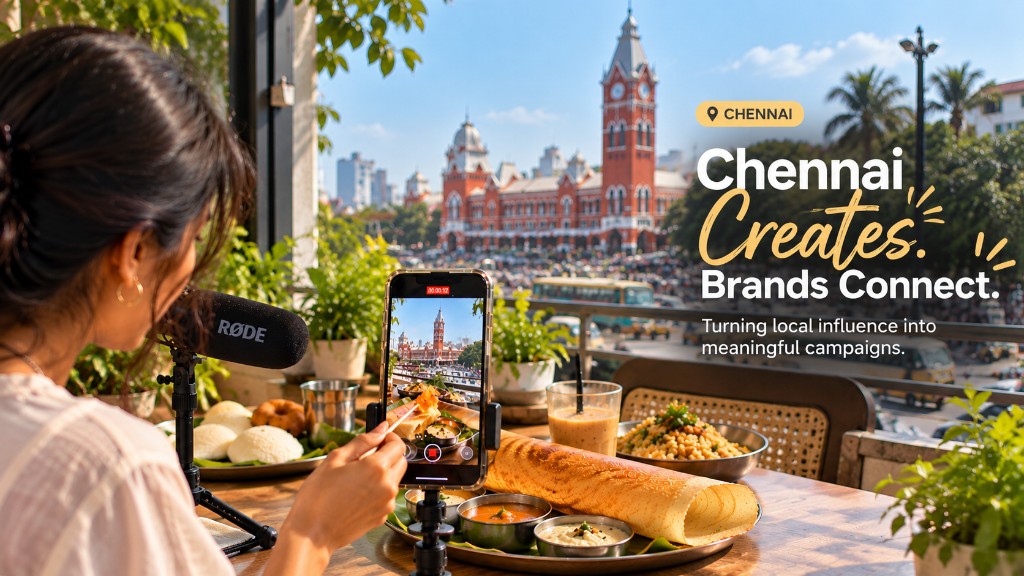 Chennai food creator filming a dosa on her phone with Chennai Central in the background — Chennai Creates. Brands Connect.