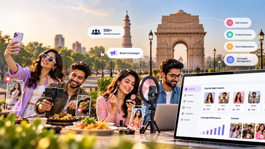Delhi creators filming food, beauty and lifestyle content near India Gate alongside a creator discovery dashboard — 500+ verified creators for brand campaigns.