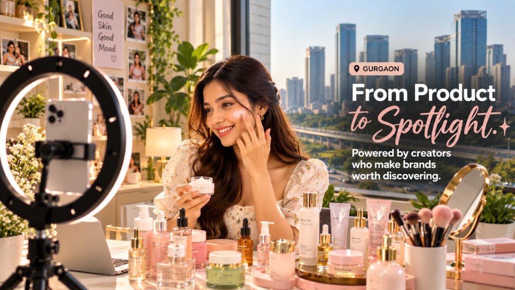 Gurgaon beauty creator filming a skincare review at a ring light with the Gurgaon skyline behind her — From Product to Spotlight.