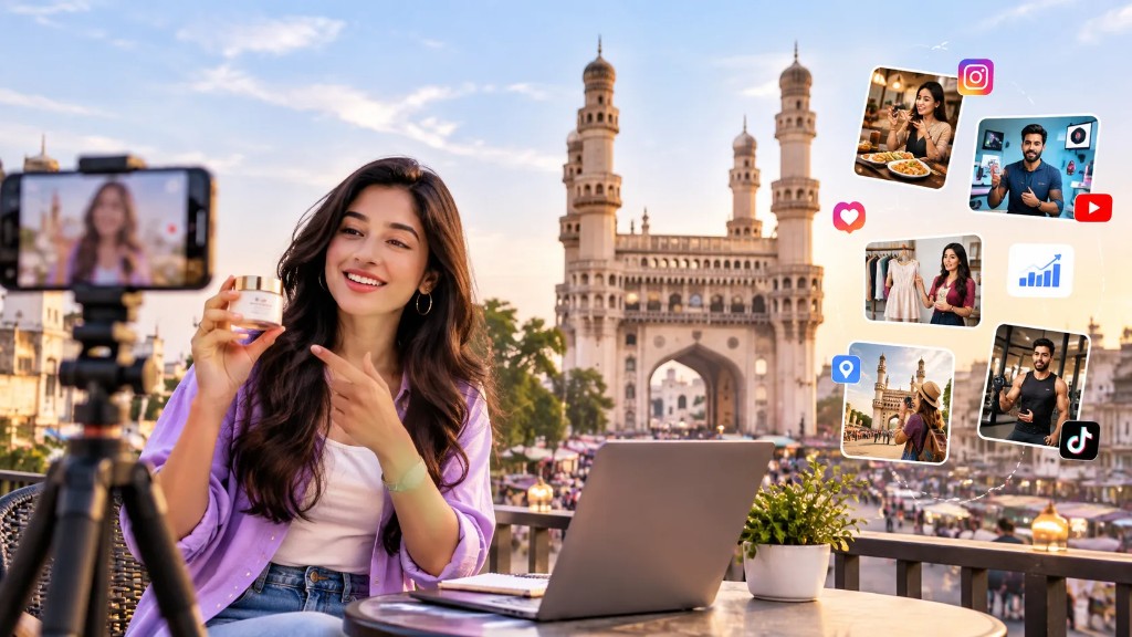 Hyderabad creator filming a skincare product review on her phone with the Charminar behind her, surrounded by food, fashion, fitness and travel creator posts.