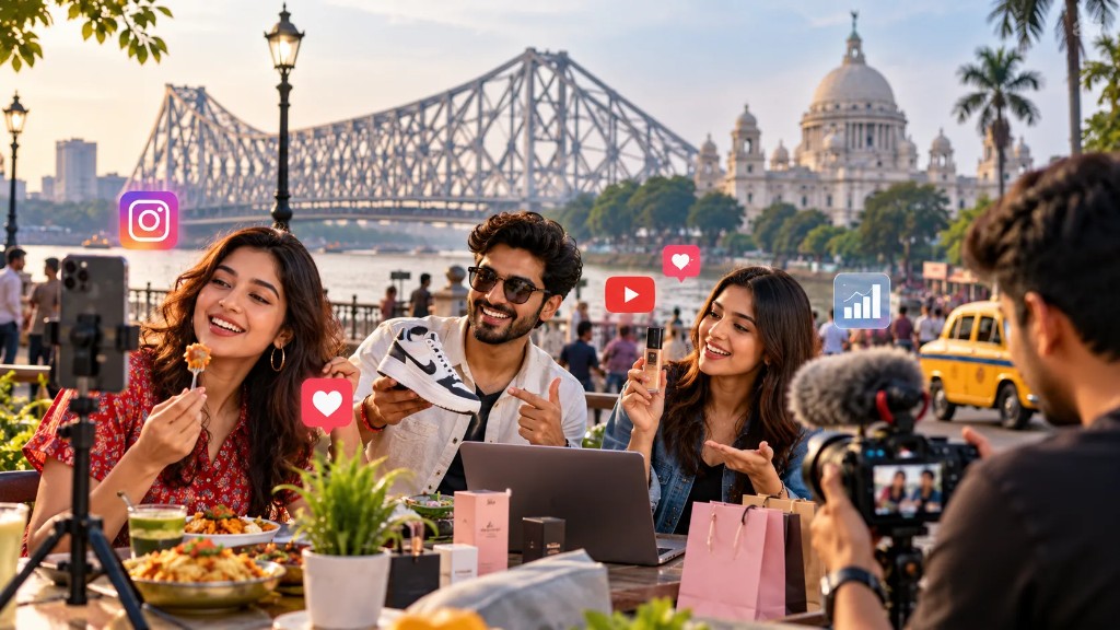 Kolkata creators filming food, sneaker and beauty reviews by the Hooghly with Howrah Bridge and Victoria Memorial in the background.