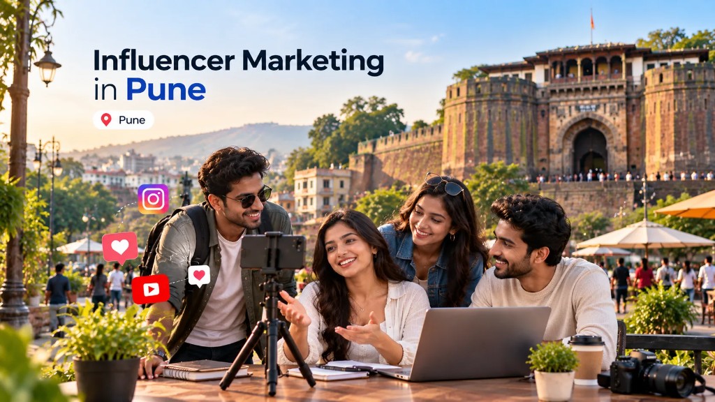 Pune creators recording content around a phone tripod and laptop at an outdoor café near Shaniwar Wada — Influencer Marketing in Pune.